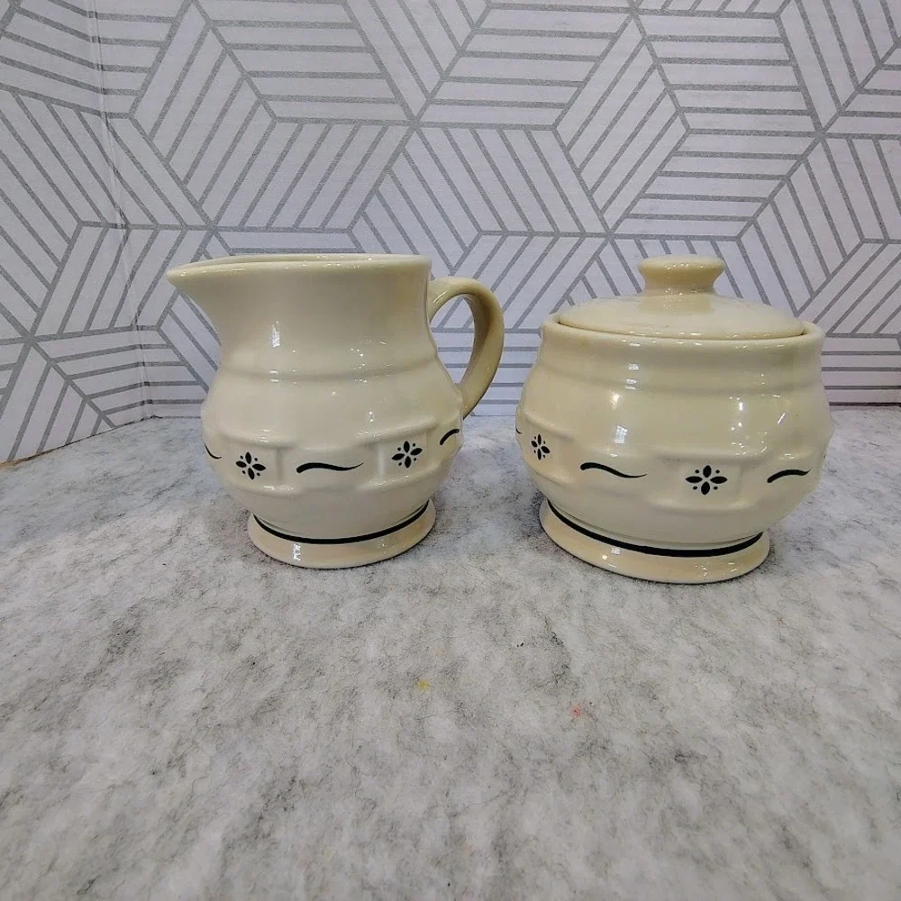 Longaberger Pottery Woven Traditions Classic Green – Creamer/Sugar Set USA